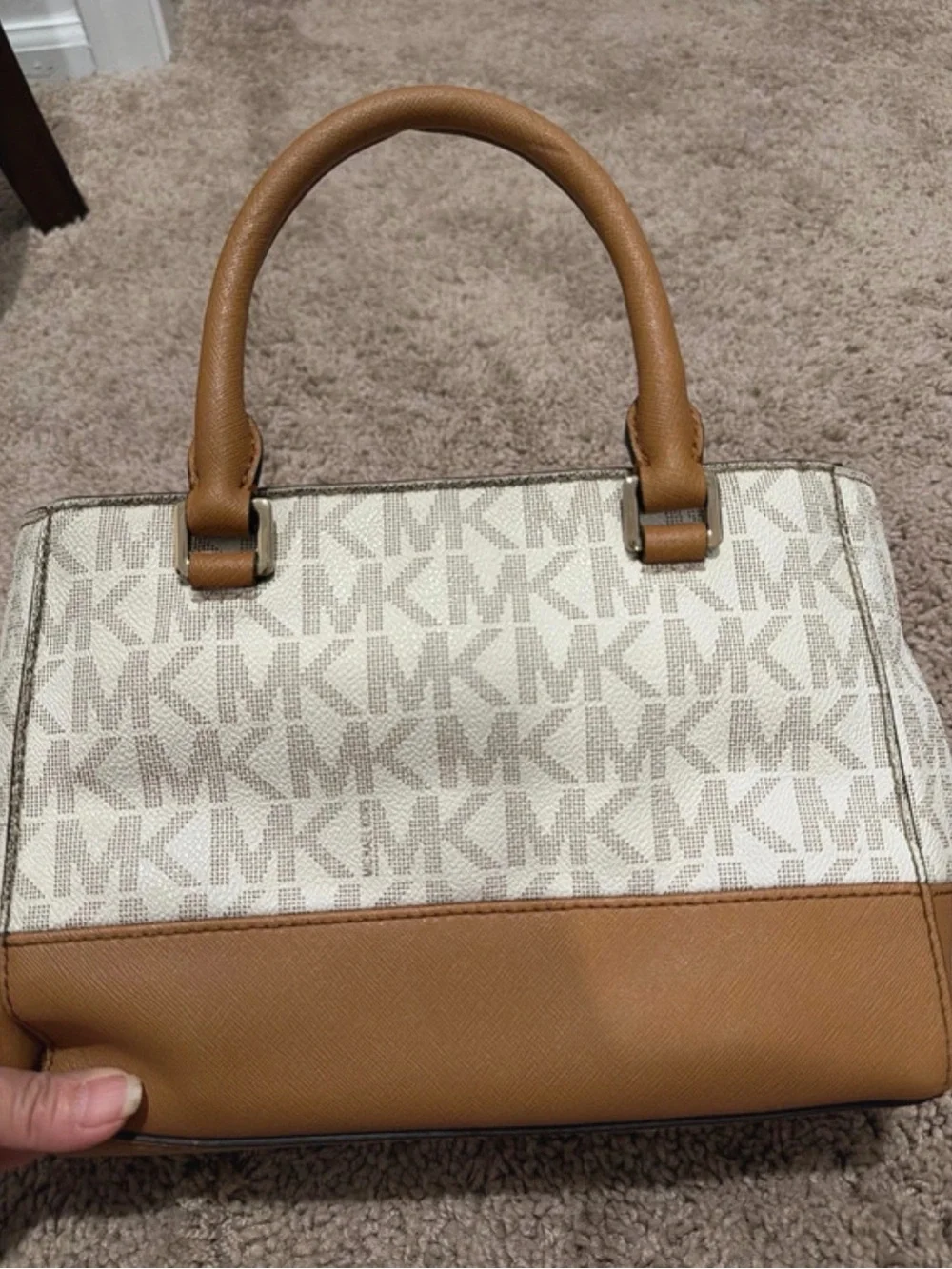 Michael Kors Cream Logo Canvas Satchel with Brown Trim